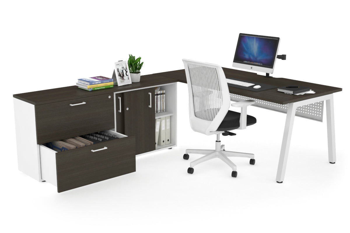 Quadro A Executive Setting - White Frame [1600L x 800W with Cable Scallop]-dark oak white modesty 2 drawer lateral sliding door credenza