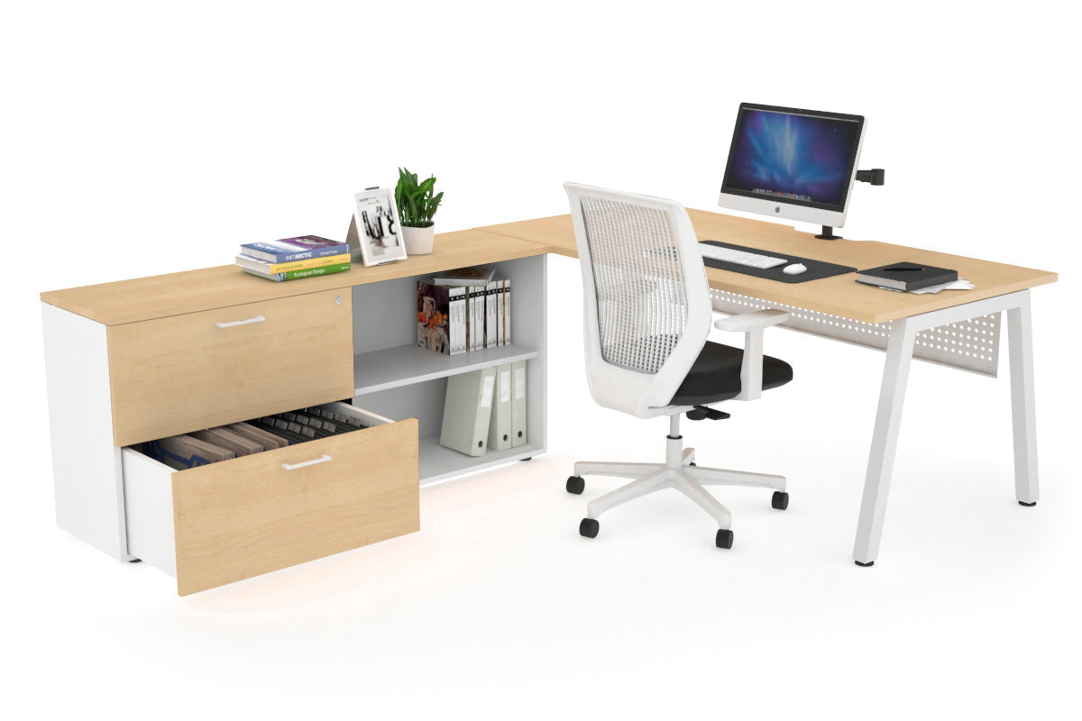 Quadro A Executive Setting - White Frame [1600L x 800W with Cable Scallop]-maple white modesty 2 drawer open filing cabinet