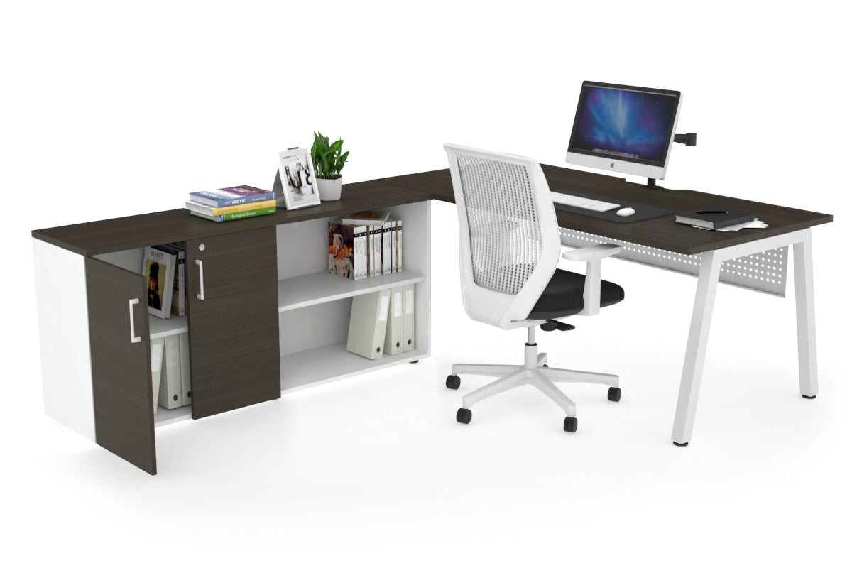 Quadro A Executive Setting - White Frame [1600L x 800W with Cable Scallop]-dark oak white modesty 2 door open storage cabinet