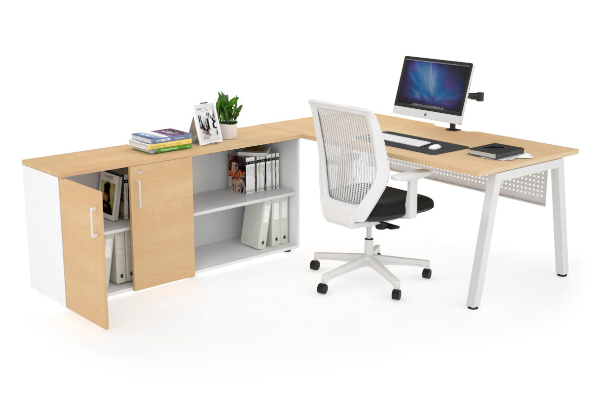 Quadro A Executive Setting - White Frame [1600L x 800W with Cable Scallop]-maple white modesty 2 door open storage cabinet
