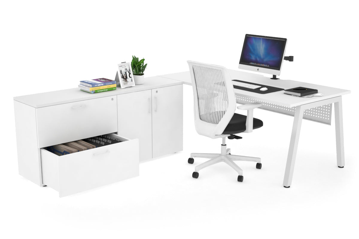 Quadro A Executive Setting - White Frame [1600L x 800W with Cable Scallop]-white white modesty 2 drawer 2 door filing cabinet