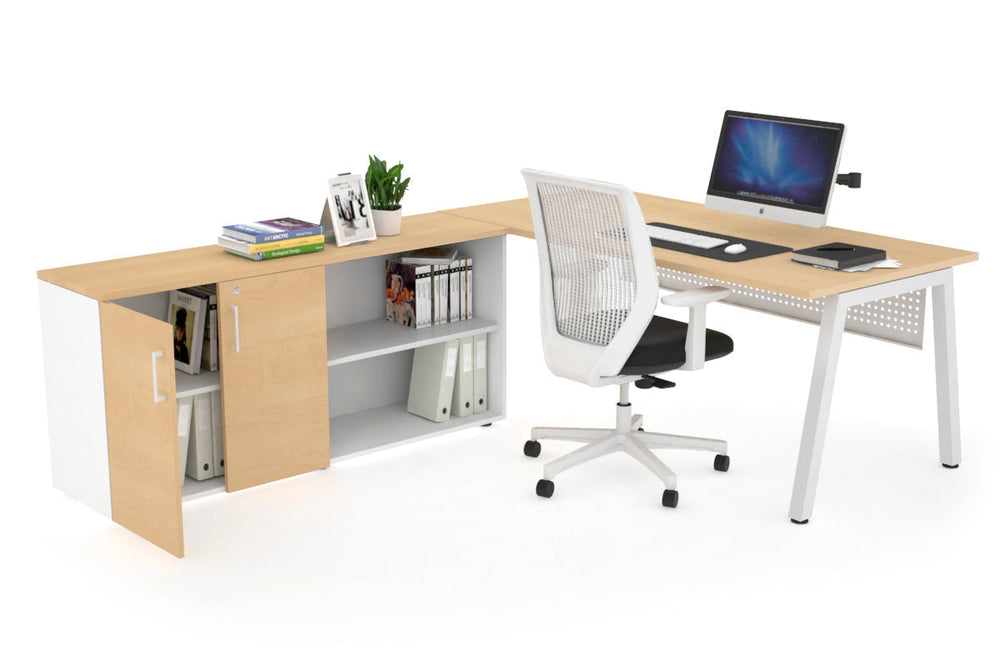 Quadro A Executive Setting - White Frame [1800L x 700W]-maple white modesty 2 door open storage cabinet