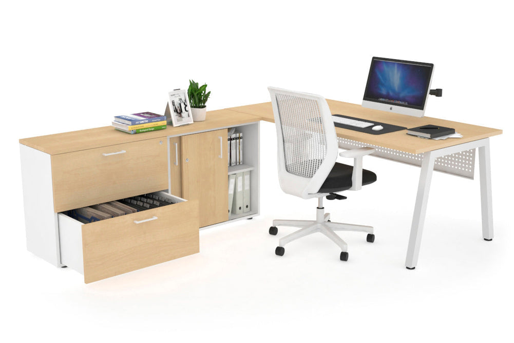 Quadro A Executive Setting - White Frame [1800L x 700W]-maple white modesty 2 drawer lateral sliding door credenza