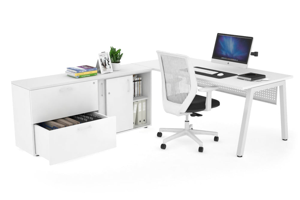 Quadro A Executive Setting - White Frame [1800L x 700W]-white white modesty 2 drawer lateral sliding door credenza
