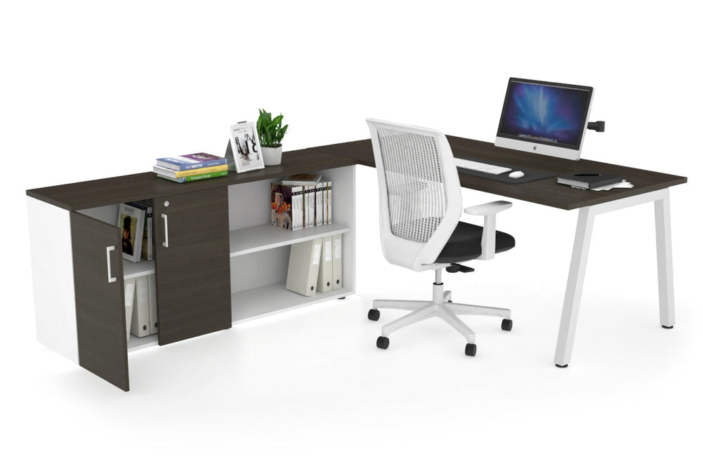 Quadro A Executive Setting - White Frame [1800L x 700W]-dark oak none 2 door open storage cabinet