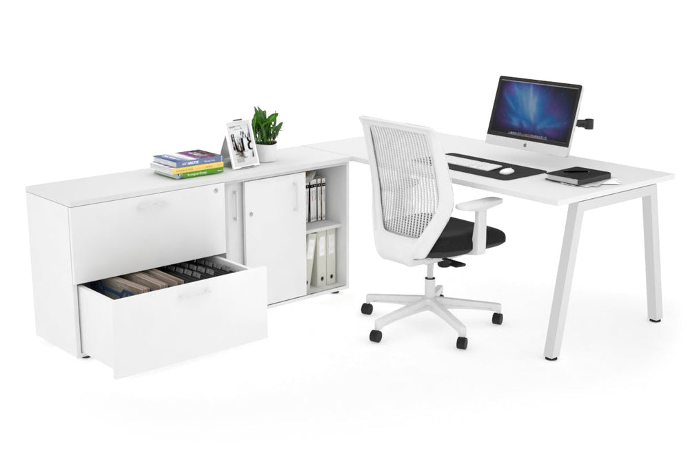 Quadro A Executive Setting - White Frame [1800L x 700W]-white none 2 drawer lateral sliding door credenza