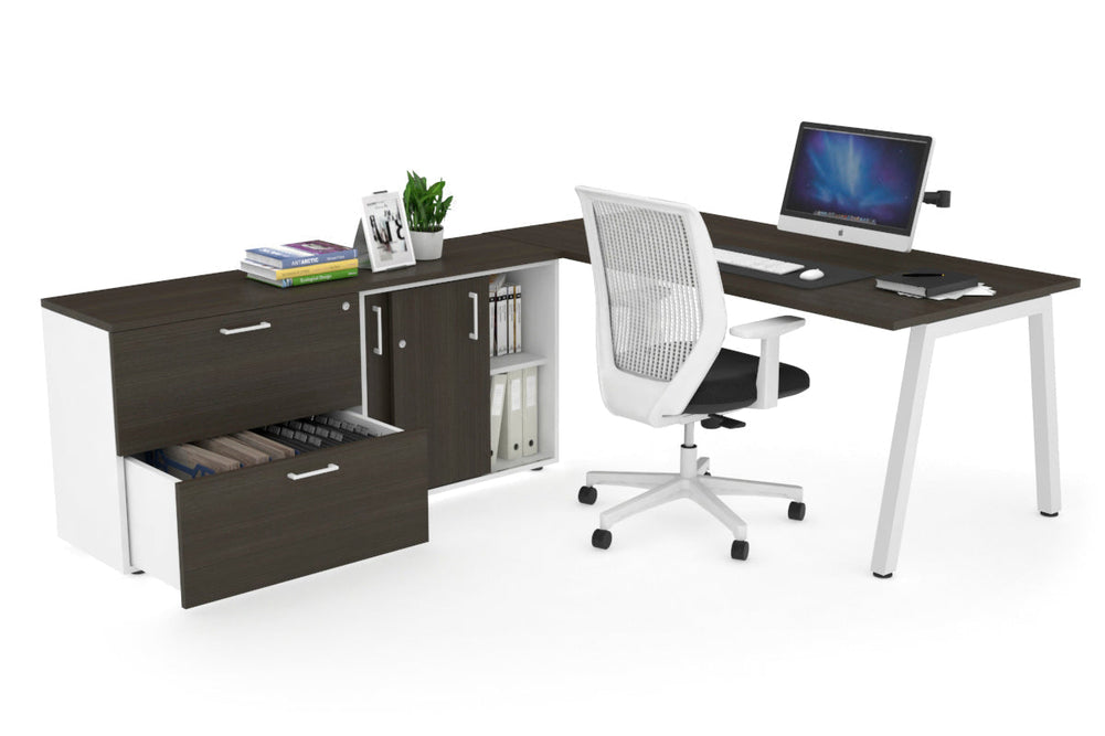 Quadro A Executive Setting - White Frame [1800L x 700W]-dark oak none 2 drawer lateral sliding door credenza