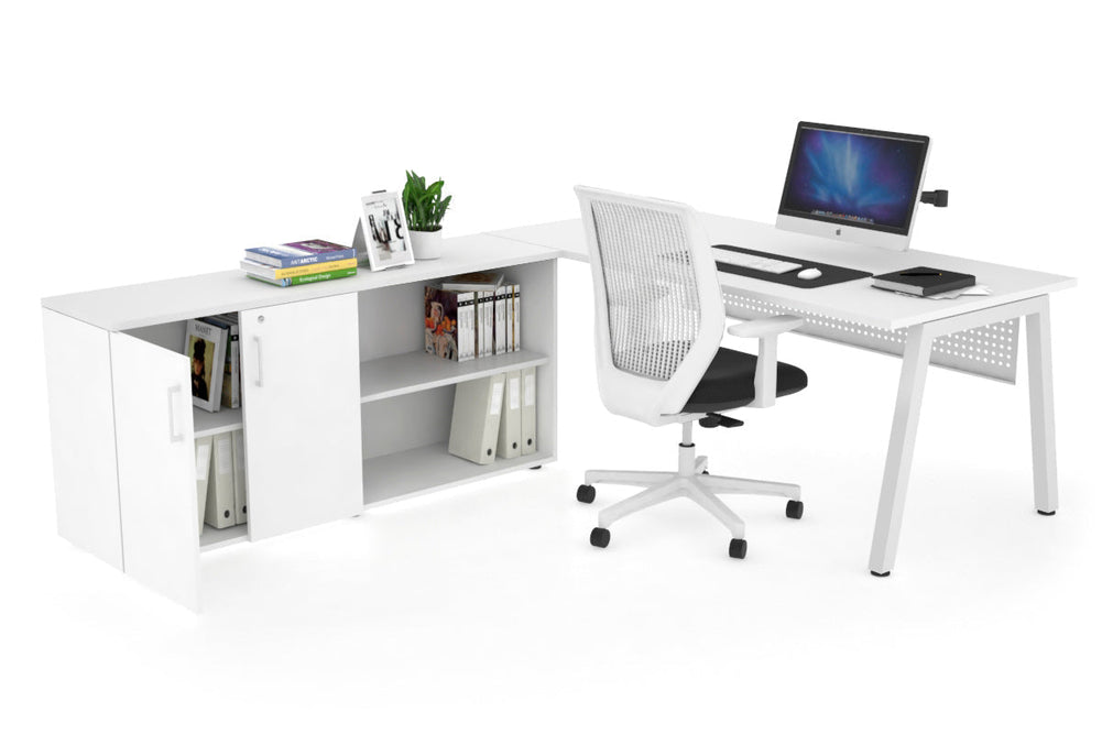 Quadro A Executive Setting - White Frame [1800L x 700W]-white white modesty 2 door open storage cabinet