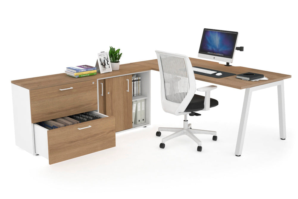 Quadro A Executive Setting - White Frame [1800L x 800W with Cable Scallop]-salvage oak none 2 drawer lateral sliding door credenza
