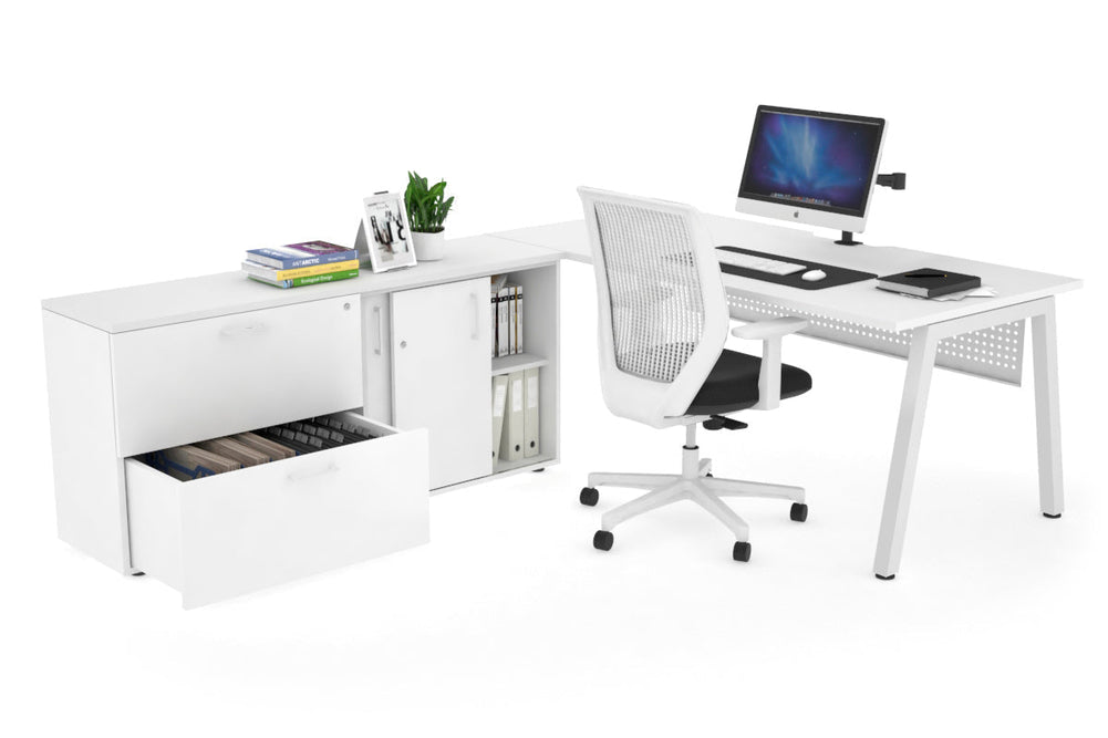 Quadro A Executive Setting - White Frame [1800L x 800W with Cable Scallop]-white white modesty 2 drawer lateral sliding door credenza