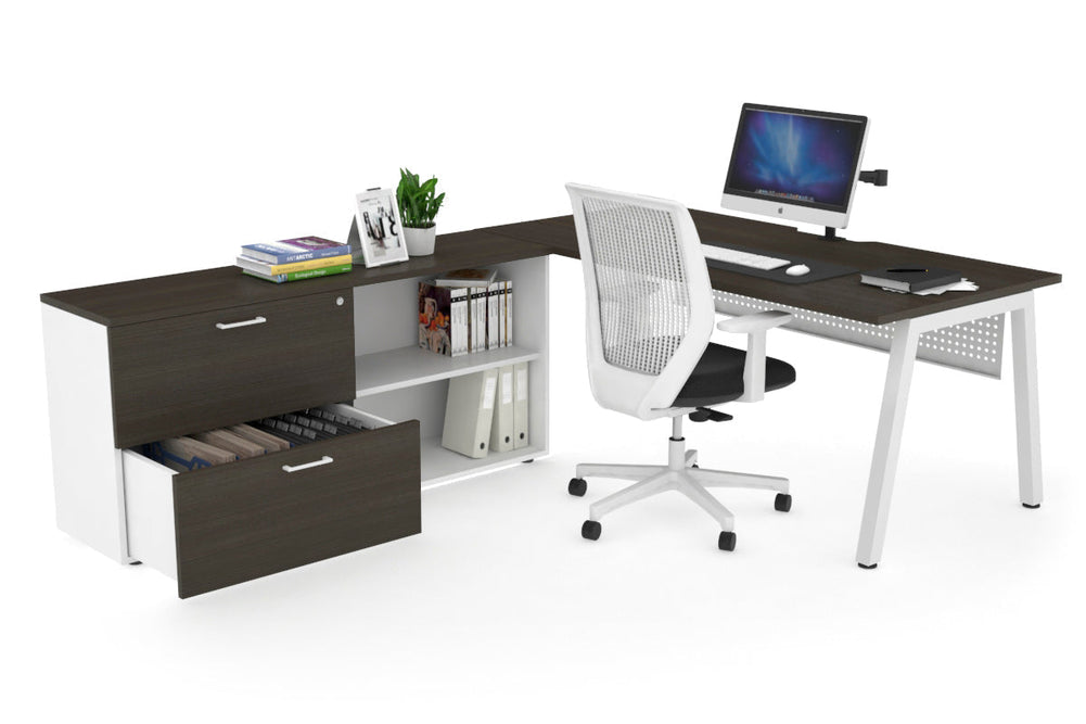 Quadro A Executive Setting - White Frame [1800L x 800W with Cable Scallop]-dark oak white modesty 2 drawer open filing cabinet