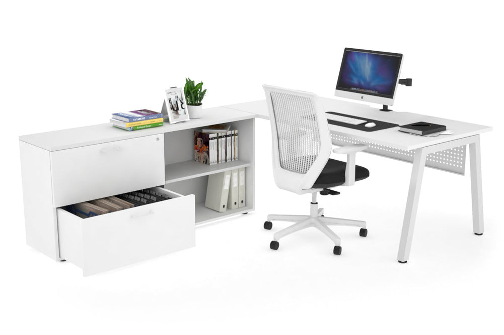 Quadro A Executive Setting - White Frame [1800L x 800W with Cable Scallop]-white white modesty 2 drawer open filing cabinet