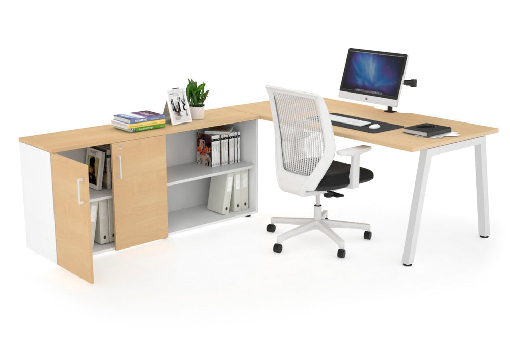 Quadro A Executive Setting - White Frame [1800L x 800W with Cable Scallop]-maple none 2 door open storage cabinet