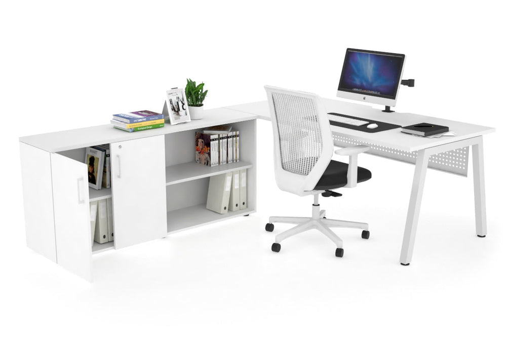 Quadro A Executive Setting - White Frame [1800L x 800W with Cable Scallop]-white white modesty 2 door open storage cabinet