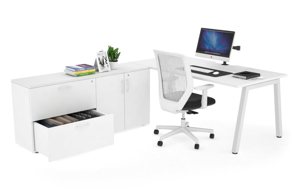 Quadro A Executive Setting - White Frame [1800L x 800W with Cable Scallop]-white none 2 drawer 2 door filing cabinet