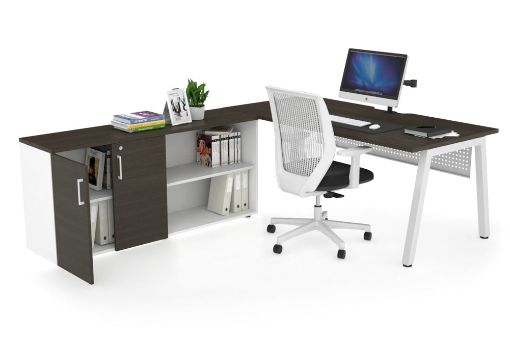 Quadro A Executive Setting - White Frame [1800L x 800W with Cable Scallop]-dark oak white modesty 2 door open storage cabinet
