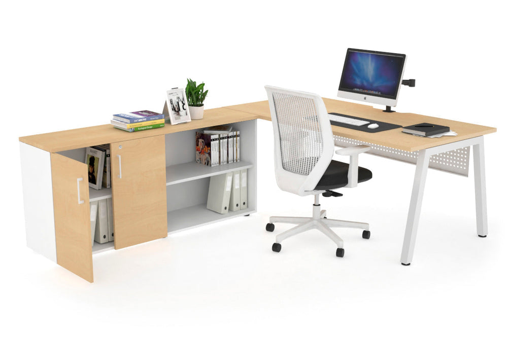 Quadro A Executive Setting - White Frame [1800L x 800W with Cable Scallop]-maple white modesty 2 door open storage cabinet