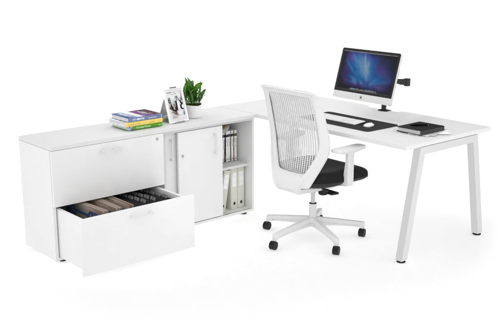 Quadro A Executive Setting - White Frame [1800L x 800W with Cable Scallop]-white none 2 drawer lateral sliding door credenza