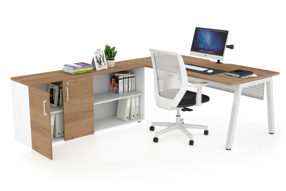 Quadro A Executive Setting - White Frame [1800L x 800W with Cable Scallop]-salvage oak white modesty 2 door open storage cabinet
