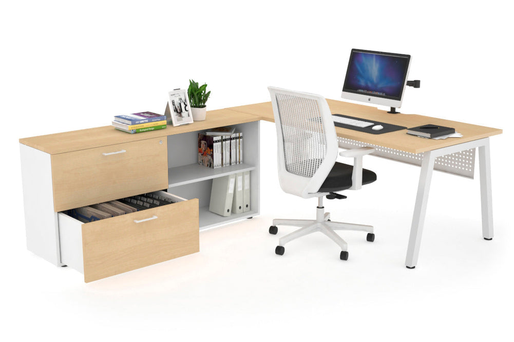 Quadro A Executive Setting - White Frame [1800L x 800W with Cable Scallop]-maple white modesty 2 drawer open filing cabinet