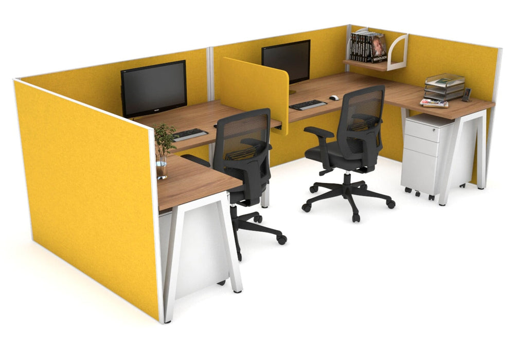 Quadro A Legs 2 Person Corner Workstation - U Configuration - White Frame [1400L x 1800W with Cable Scallop]-salvage oak mustard yellow biscuit panel