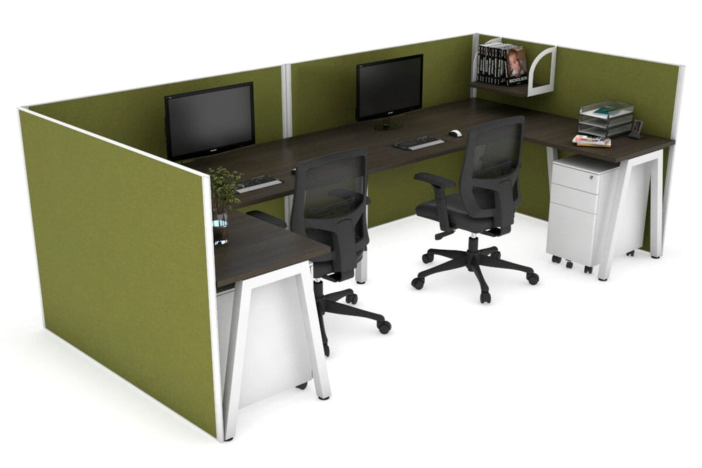 Quadro A Legs 2 Person Corner Workstation - U Configuration - White Frame [1400L x 1800W with Cable Scallop]-dark oak green moss none