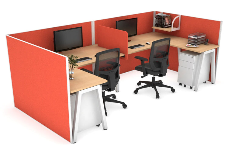 Quadro A Leg 2 Person Corner Workstations - U Configuration - White Frame [1400L x 1800W with Cable Scallop] Jasonl maple squash orange biscuit panel