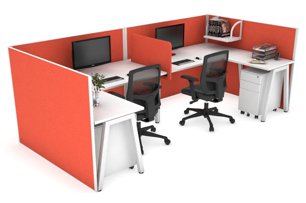 Quadro A Legs 2 Person Corner Workstation - U Configuration - White Frame [1400L x 1800W with Cable Scallop]-white squash orange biscuit panel