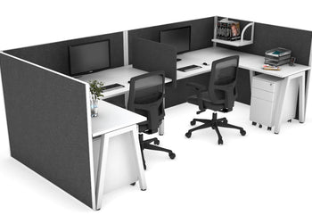 Quadro A Leg 2 Person Corner Workstations - U Configuration - White Frame [1400L x 1800W with Cable Scallop] Jasonl white moody charcoal biscuit panel