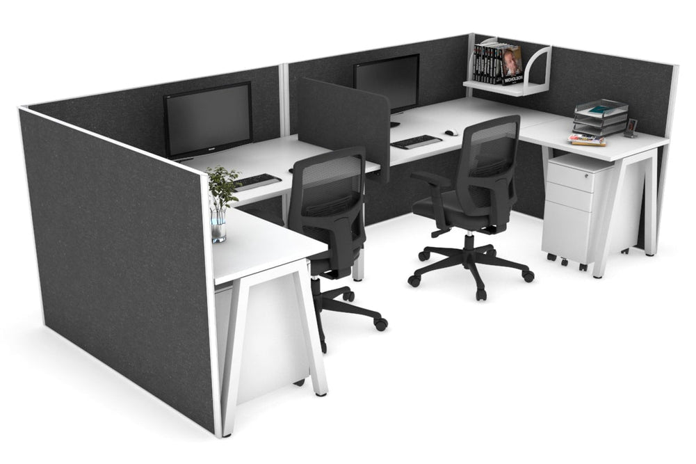 Quadro A Legs 2 Person Corner Workstation - U Configuration - White Frame [1400L x 1800W with Cable Scallop]-white moody charcoal biscuit panel