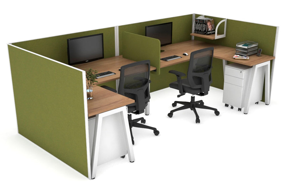 Quadro A Legs 2 Person Corner Workstation - U Configuration - White Frame [1400L x 1800W with Cable Scallop]-salvage oak green moss biscuit panel