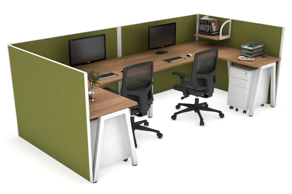Quadro A Legs 2 Person Corner Workstation - U Configuration - White Frame [1400L x 1800W with Cable Scallop]-salvage oak green moss none