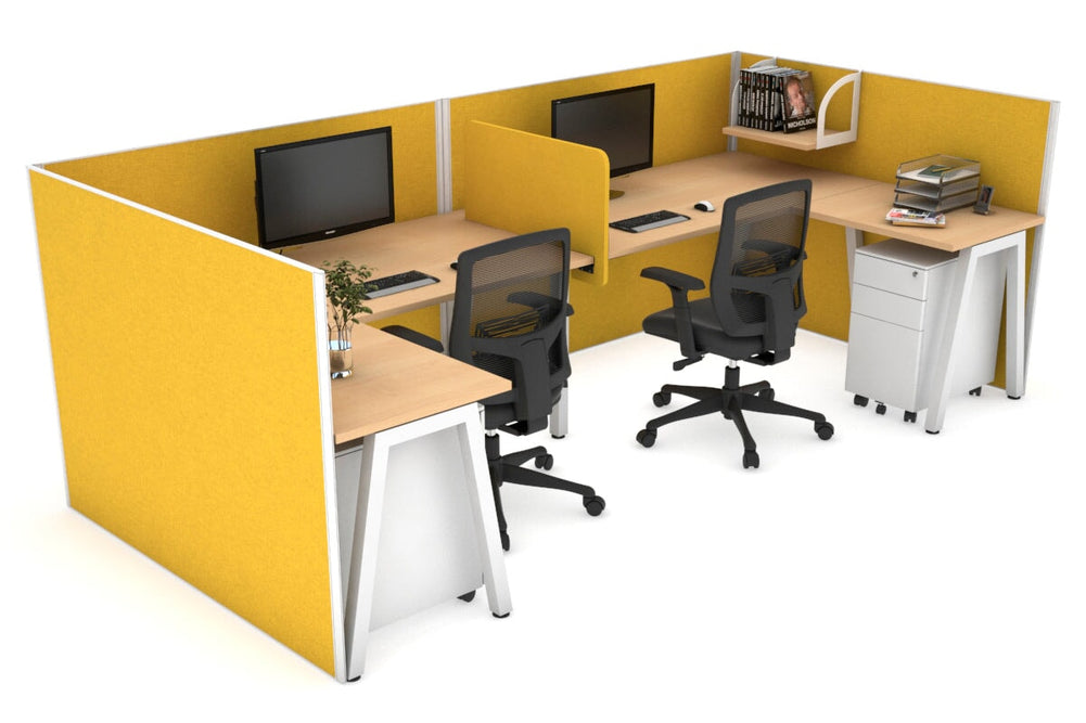 Quadro A Legs 2 Person Corner Workstation - U Configuration - White Frame [1400L x 1800W with Cable Scallop]-maple mustard yellow biscuit panel