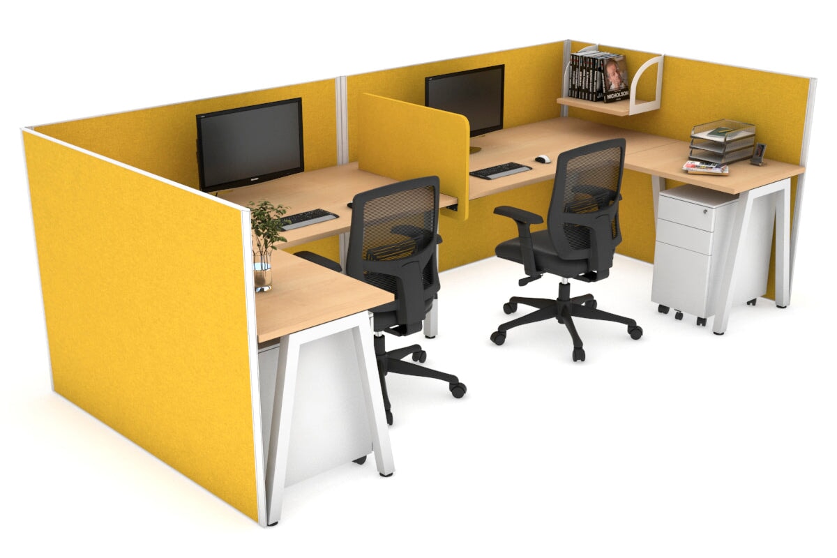 Quadro A Leg 2 Person Corner Workstations - U Configuration - White Frame [1400L x 1800W with Cable Scallop] Jasonl maple mustard yellow biscuit panel