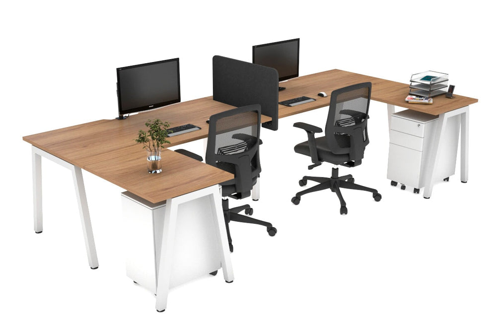 Quadro A Legs 2 Person Corner Workstation - U Configuration - White Frame [1400L x 1800W with Cable Scallop]-salvage oak none biscuit panel