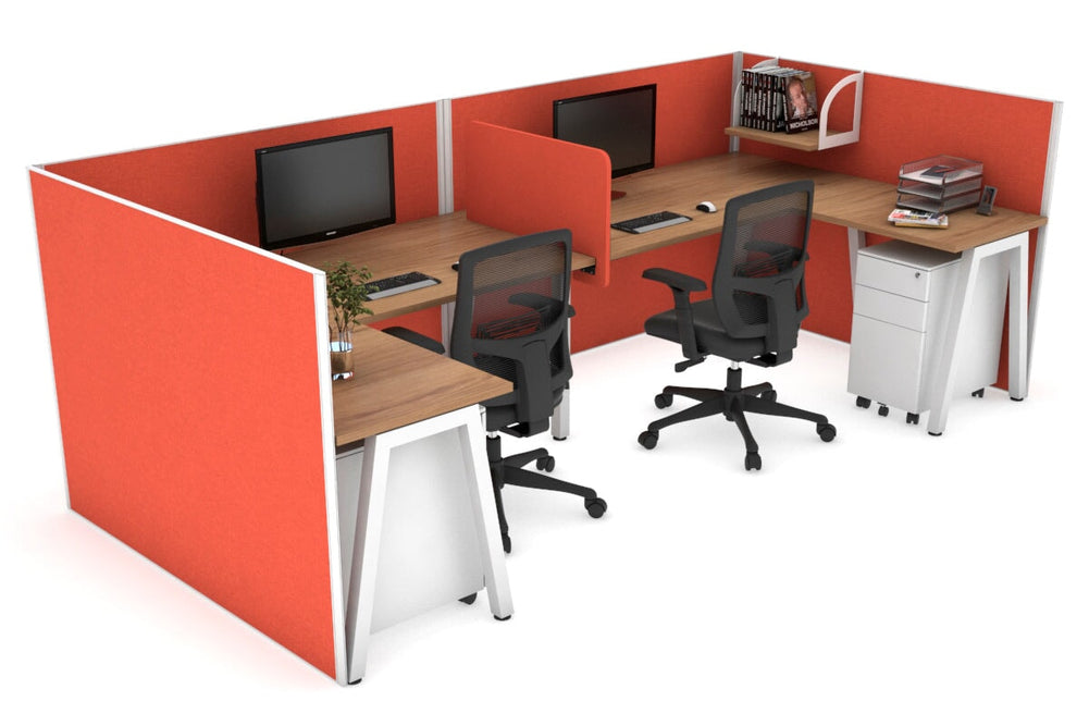 Quadro A Legs 2 Person Corner Workstation - U Configuration - White Frame [1400L x 1800W with Cable Scallop]-salvage oak squash orange biscuit panel