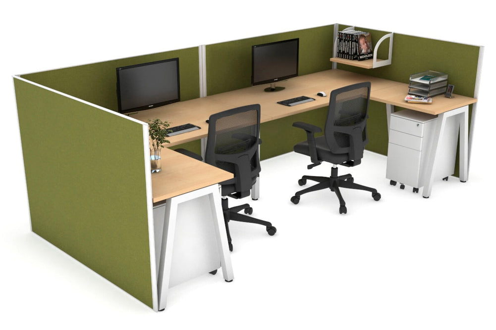 Quadro A Legs 2 Person Corner Workstation - U Configuration - White Frame [1400L x 1800W with Cable Scallop]-maple green moss none