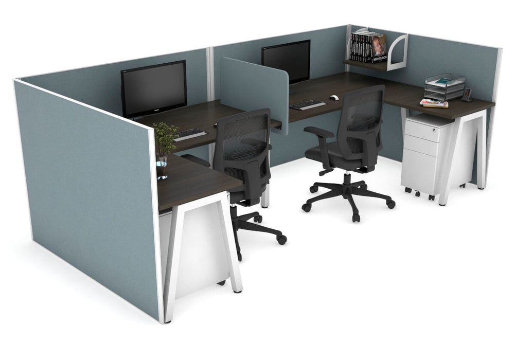 Quadro A Legs 2 Person Corner Workstation - U Configuration - White Frame [1400L x 1800W with Cable Scallop]-dark oak cool grey biscuit panel