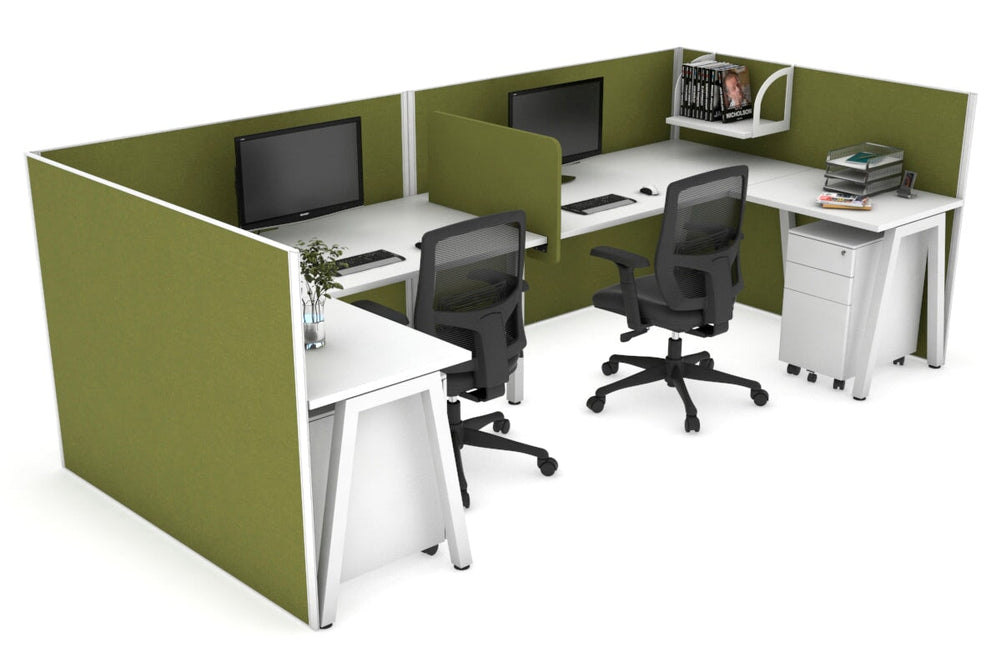 Quadro A Legs 2 Person Corner Workstation - U Configuration - White Frame [1400L x 1800W with Cable Scallop]-white green moss biscuit panel