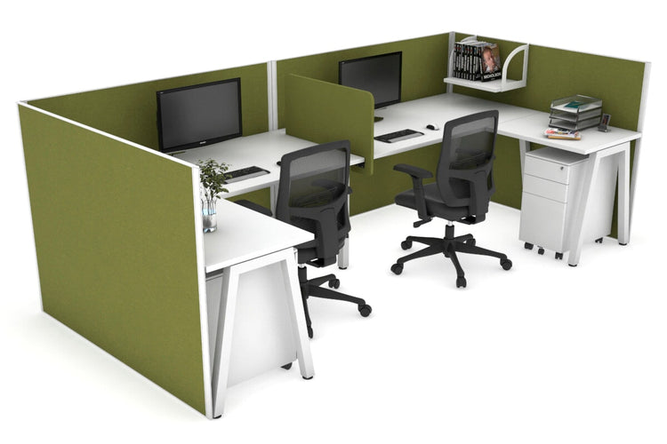 Quadro A Leg 2 Person Corner Workstations - U Configuration - White Frame [1400L x 1800W with Cable Scallop] Jasonl white green moss biscuit panel