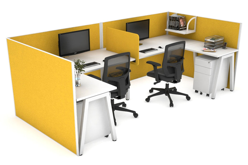 Quadro A Legs 2 Person Corner Workstation - U Configuration - White Frame [1400L x 1800W with Cable Scallop]-white mustard yellow biscuit panel