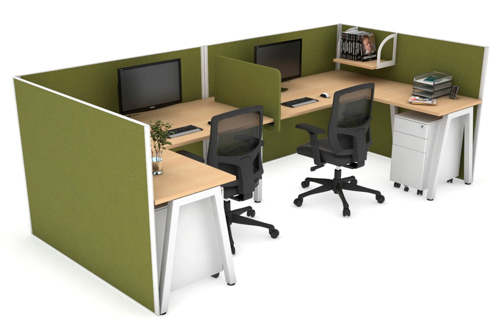 Quadro A Legs 2 Person Corner Workstation - U Configuration - White Frame [1400L x 1800W with Cable Scallop]-maple green moss biscuit panel