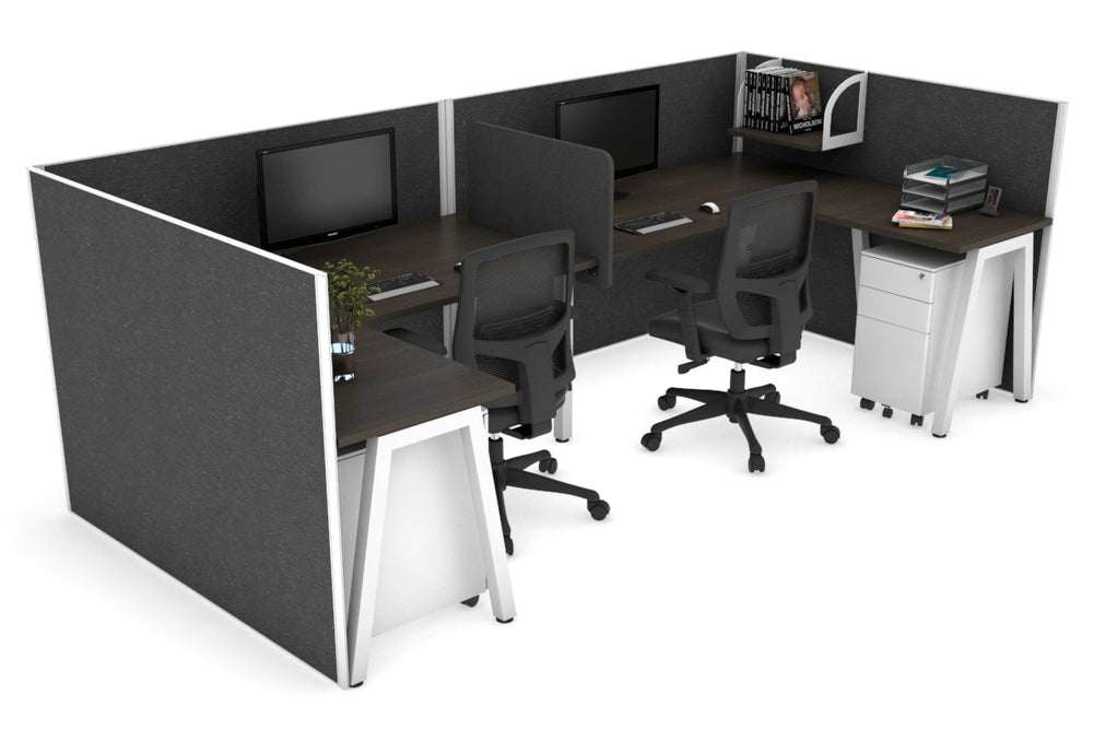 Quadro A Legs 2 Person Corner Workstation - U Configuration - White Frame [1400L x 1800W with Cable Scallop]-dark oak moody charcoal biscuit panel
