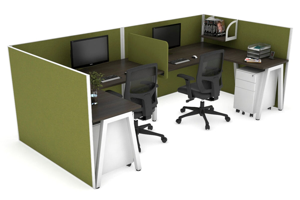 Quadro A Legs 2 Person Corner Workstation - U Configuration - White Frame [1600L x 1800W with Cable Scallop]-dark oak green moss biscuit panel