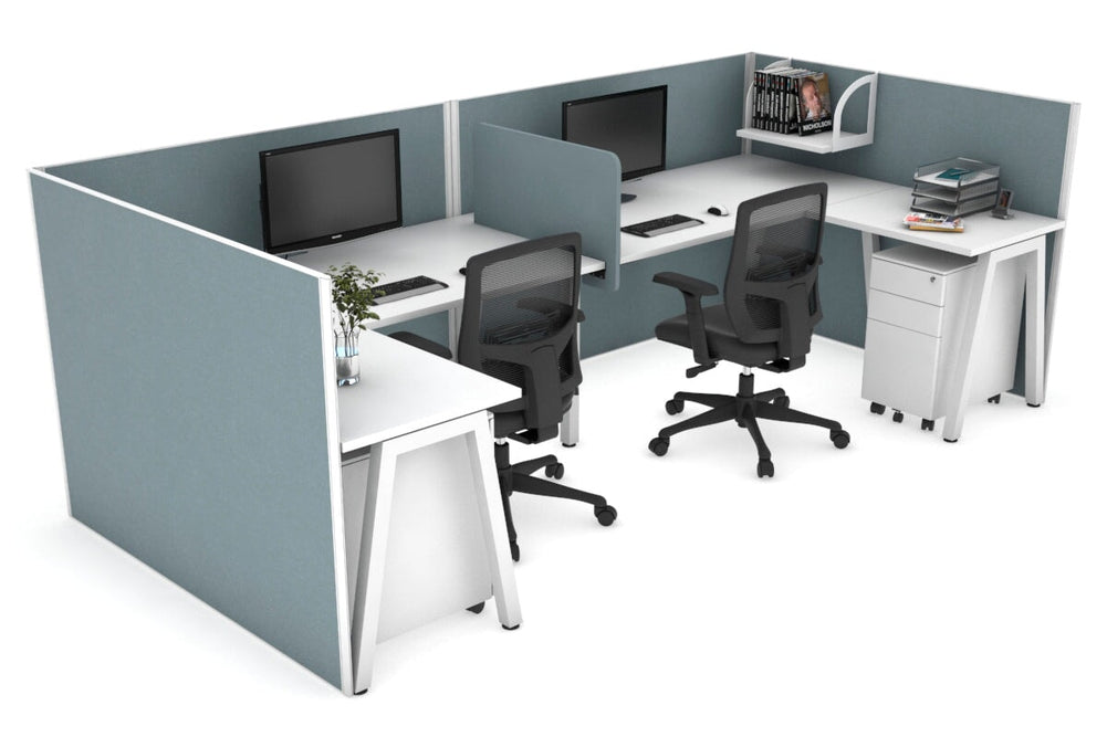 Quadro A Legs 2 Person Corner Workstation - U Configuration - White Frame [1600L x 1800W with Cable Scallop]-white cool grey biscuit panel