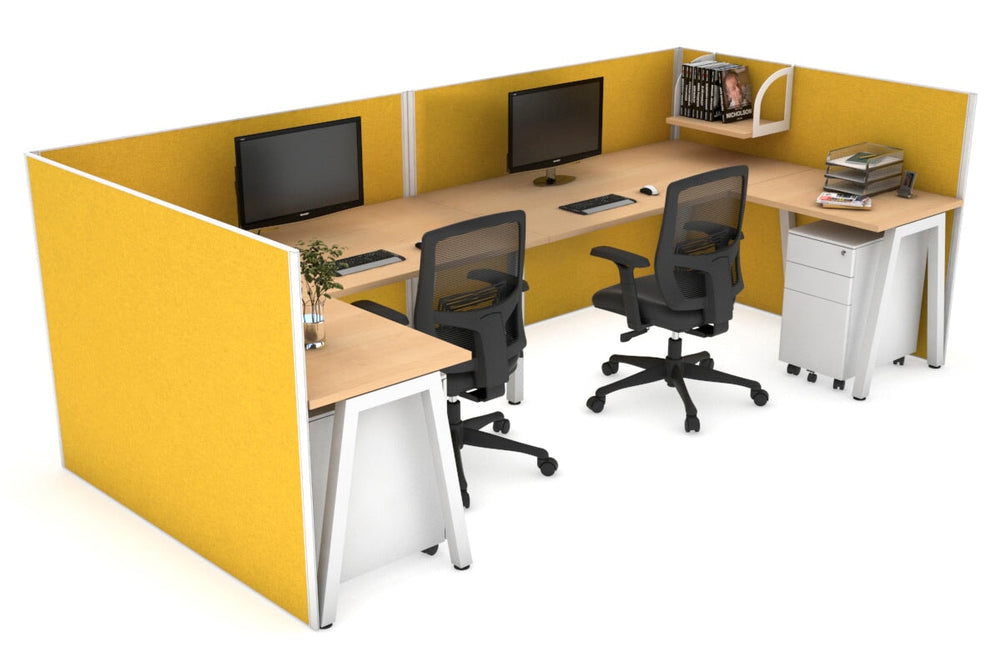 Quadro A Legs 2 Person Corner Workstation - U Configuration - White Frame [1600L x 1800W with Cable Scallop]-maple mustard yellow none