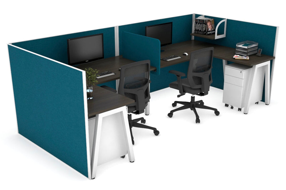 Quadro A Legs 2 Person Corner Workstation - U Configuration - White Frame [1600L x 1800W with Cable Scallop]-dark oak deep blue biscuit panel