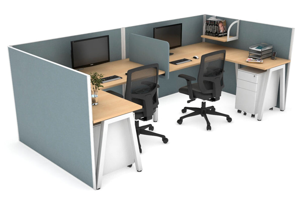 Quadro A Legs 2 Person Corner Workstation - U Configuration - White Frame [1600L x 1800W with Cable Scallop]-maple cool grey biscuit panel