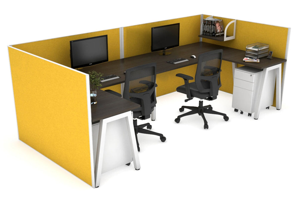 Quadro A Legs 2 Person Corner Workstation - U Configuration - White Frame [1800L x 1800W with Cable Scallop]-dark oak mustard yellow none