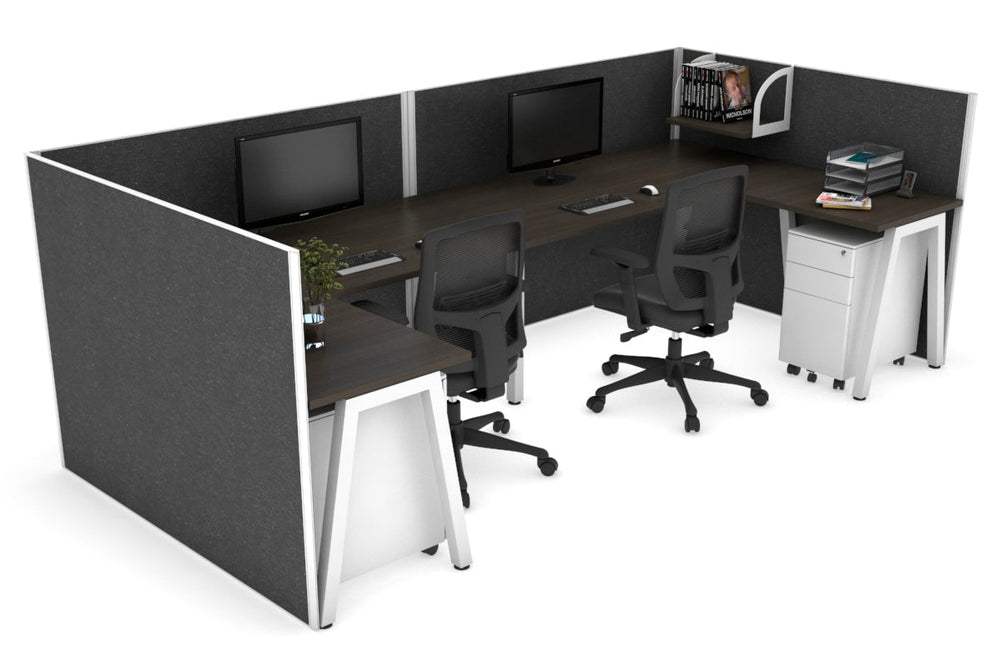 Quadro A Legs 2 Person Corner Workstation - U Configuration - White Frame [1800L x 1800W with Cable Scallop]-dark oak moody charcoal none